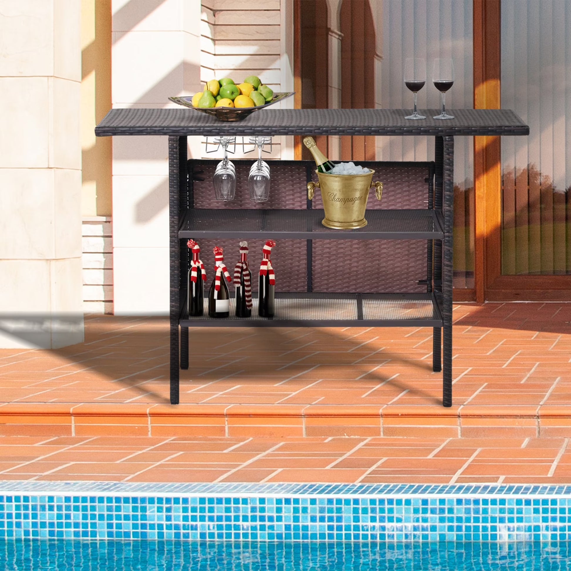 FHFO Outdoor Patio Wicker Bar, Rattan Counter Table with 2 Storage Shelves, 2 Steel Shelves for Backyard, Poolside, Garden