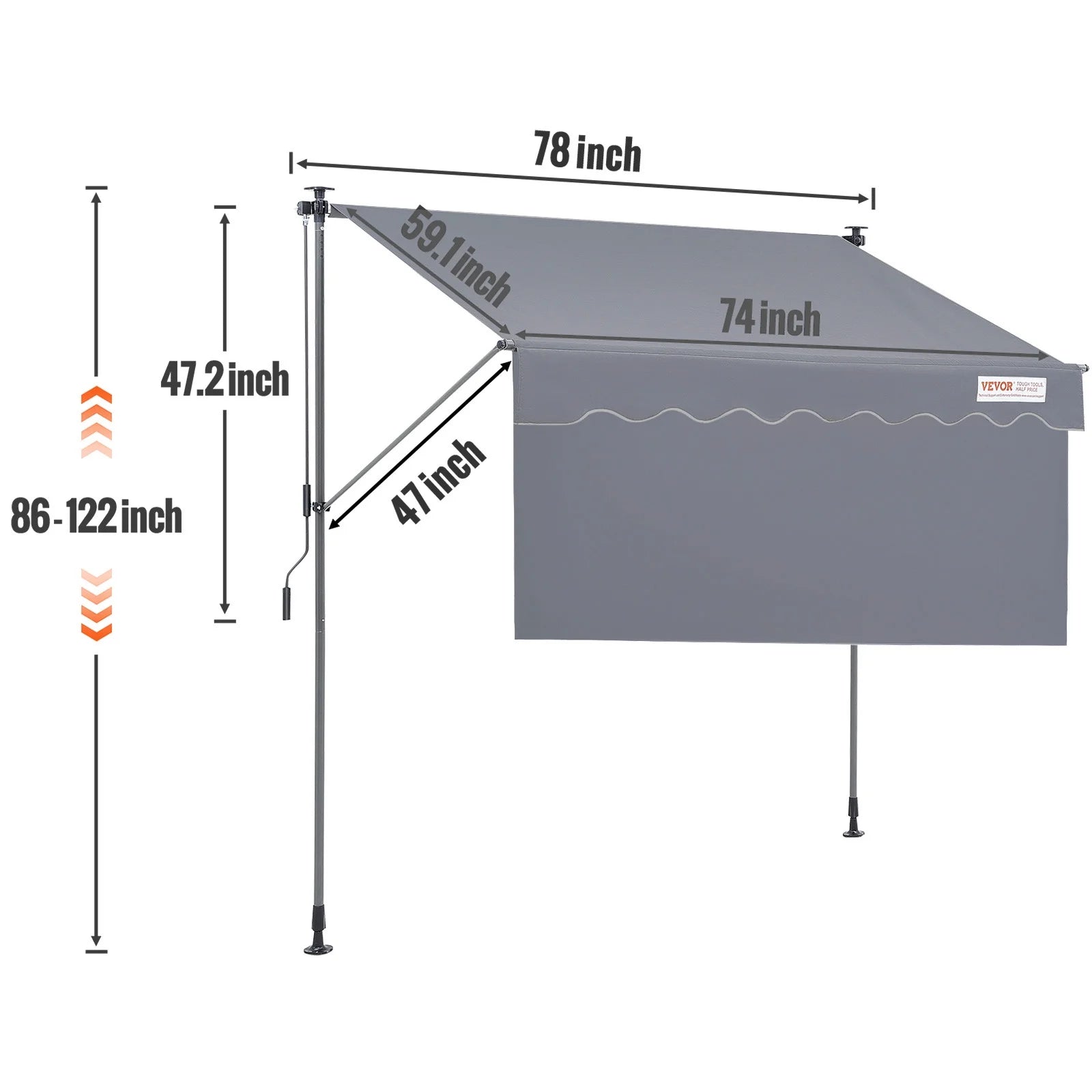 VEVOR Manual Retractable Awning, 78" Outdoor Retractable Patio Awning Sunshade Shelter, Adjustable Patio Door Window Awning Canopy with 39" Sun Shade Curtain for Backyard, Garden, Balcony