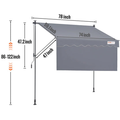 VEVOR Manual Retractable Awning, 78" Outdoor Retractable Patio Awning Sunshade Shelter, Adjustable Patio Door Window Awning Canopy with 39" Sun Shade Curtain for Backyard, Garden, Balcony