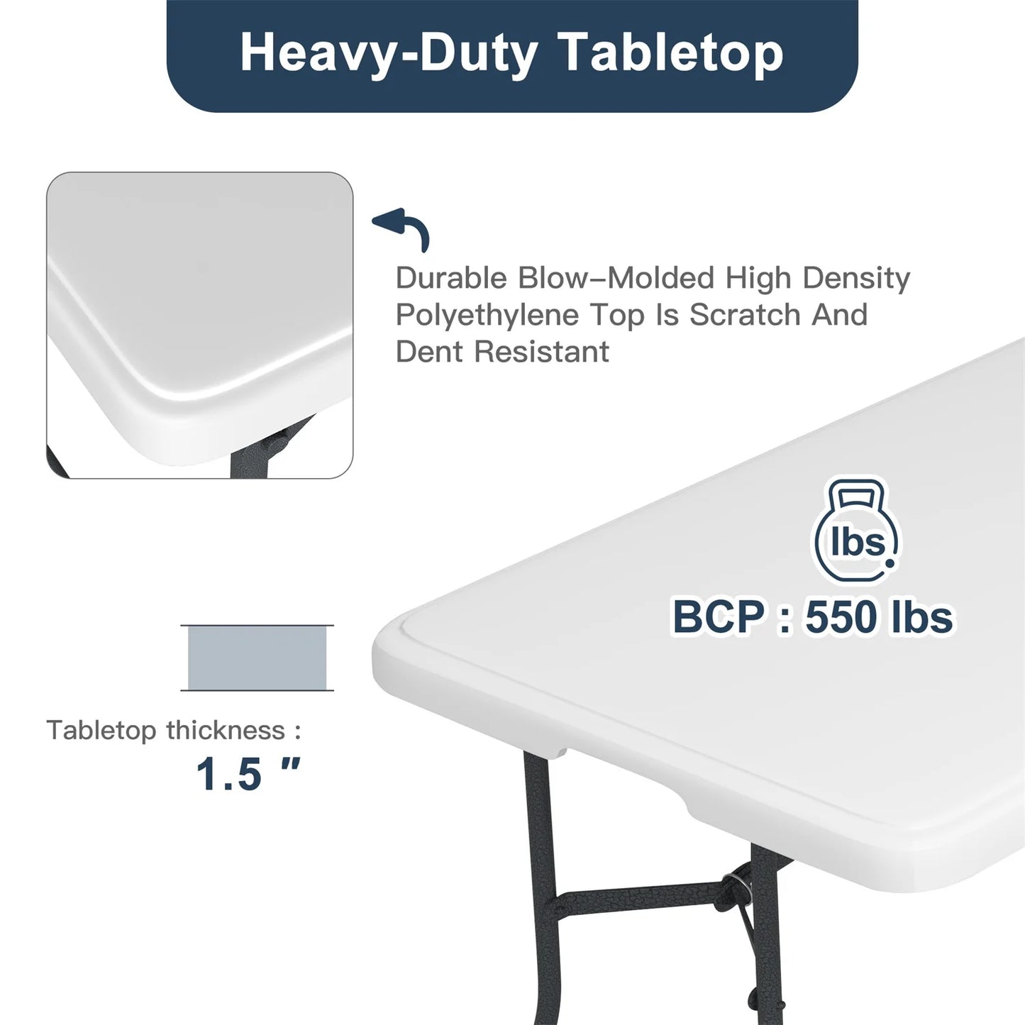 Hommoo 6ft Plastic FoldingTable,Portable Collapsible Table Outdoor Foldable Picnic Table for, Party, Hiking, Patio,Banquet, Wedding,Camping,with Lock,Handle, White