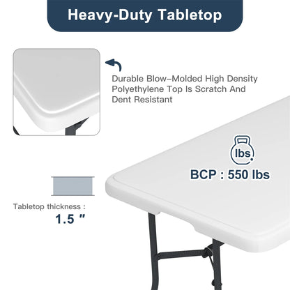 Hommoo 6ft Plastic FoldingTable,Portable Collapsible Table Outdoor Foldable Picnic Table for, Party, Hiking, Patio,Banquet, Wedding,Camping,with Lock,Handle, White