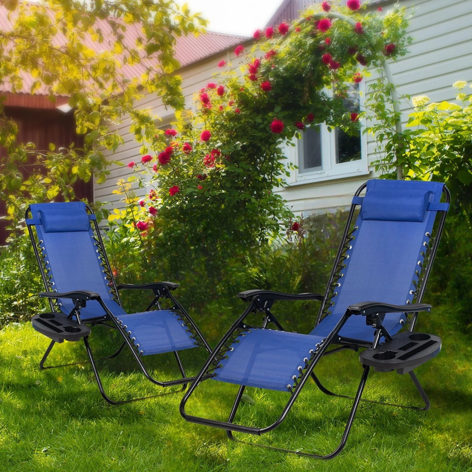 Nazhura Set of 2 Relaxing Recliners Patio Chairs Adjustable Steel Mesh Zero Gravity Lounge Chair Recliners with Pillow and Cup Holder (Navy Blue)