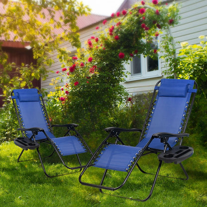 Nazhura Set of 2 Relaxing Recliners Patio Chairs Adjustable Steel Mesh Zero Gravity Lounge Chair Recliners with Pillow and Cup Holder (Navy Blue)