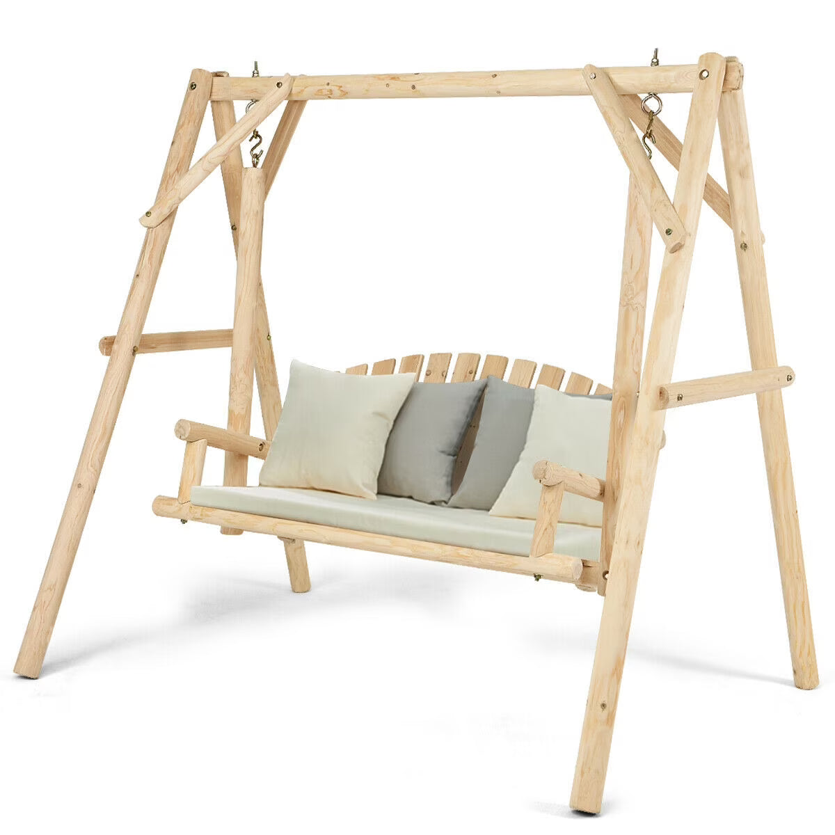 Gymax Wooden Porch Swing Outdoor Patio Rustic Torched Log Curved Back Bench A-Frame