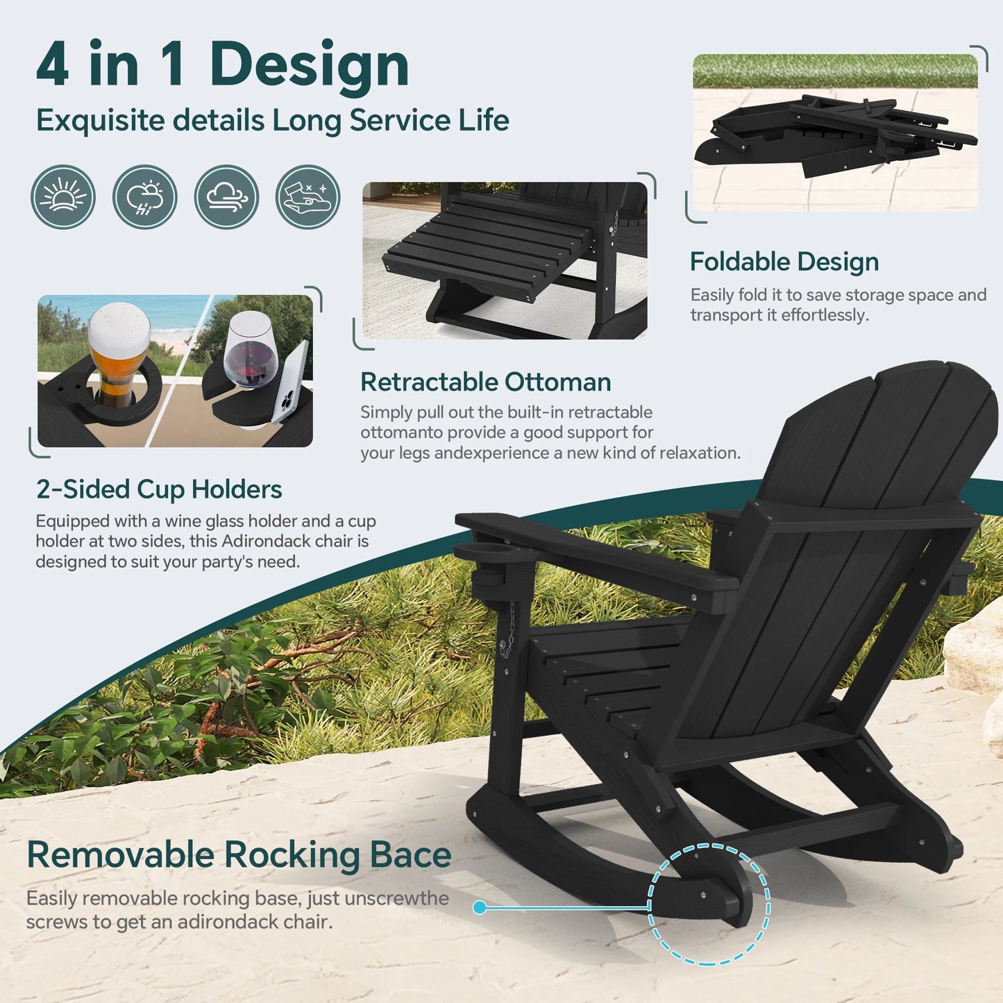 KINGYES Folding Adirondack Rocker Chair Set of 2 W/Footrest & Dual Cup Holders, HDPE Outdoor Patio Rocking Chair, Black