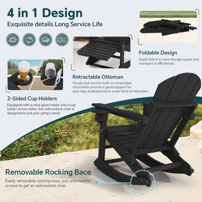 KINGYES Folding Adirondack Rocker Chair Set of 2 W/Footrest & Dual Cup Holders, HDPE Outdoor Patio Rocking Chair, Black