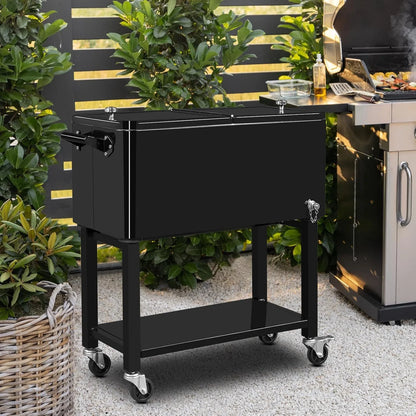Large 80 Quart Portable Rolling Cooler with Lockable Lid, Features Catch Basin, Utility Tray, and Bottle Opener for Patio, Parties, Boating, and Vacation