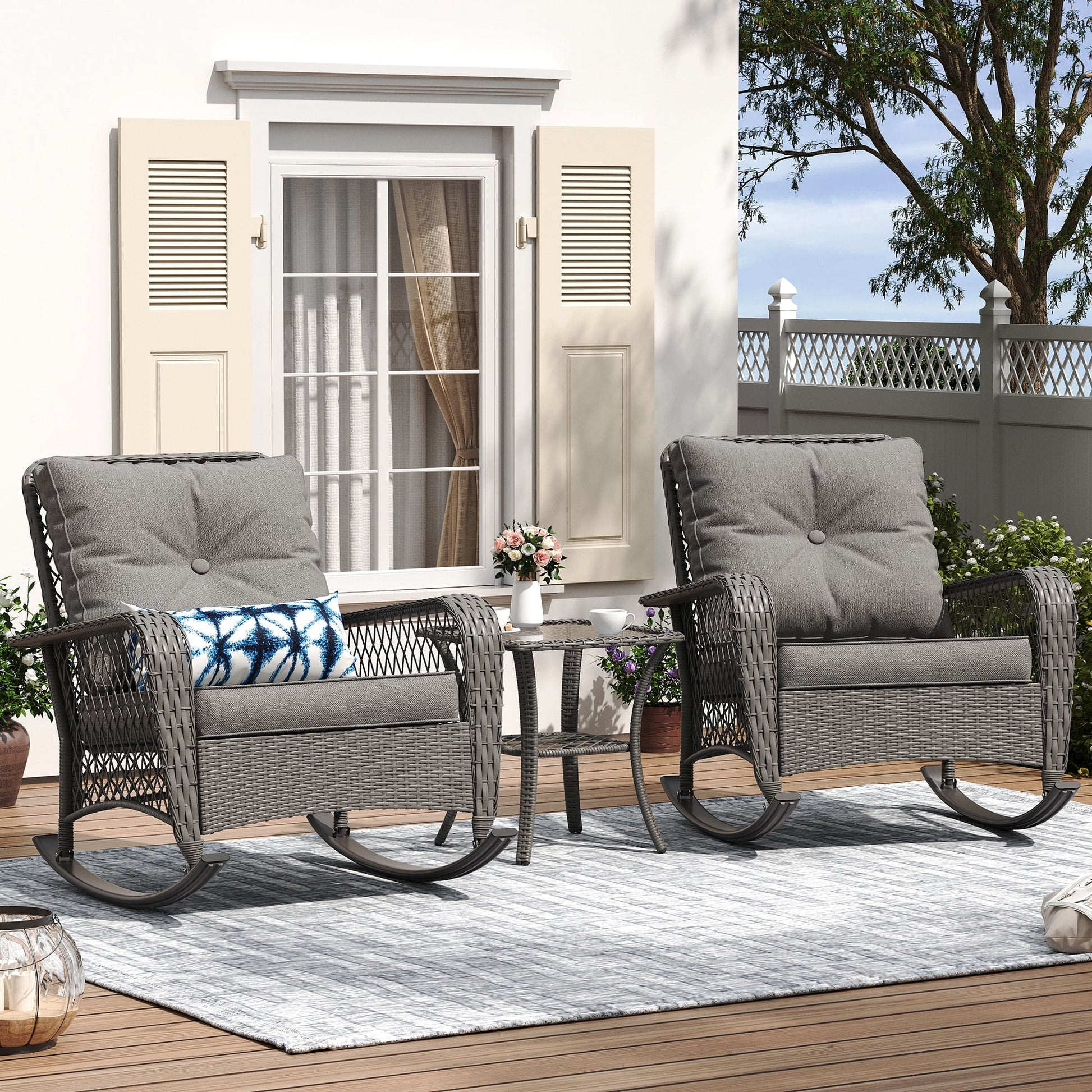 MRUAKA Outdoor Rocking Chairs Set of 3, Wicker Patio Furniture with Thickened Cushions and Table for Porch350lbs Weight Capacity(Gray)