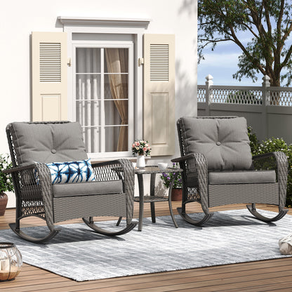 MRUAKA Outdoor Rocking Chairs Set of 3, Wicker Patio Furniture with Thickened Cushions and Table for Porch350lbs Weight Capacity(Gray)