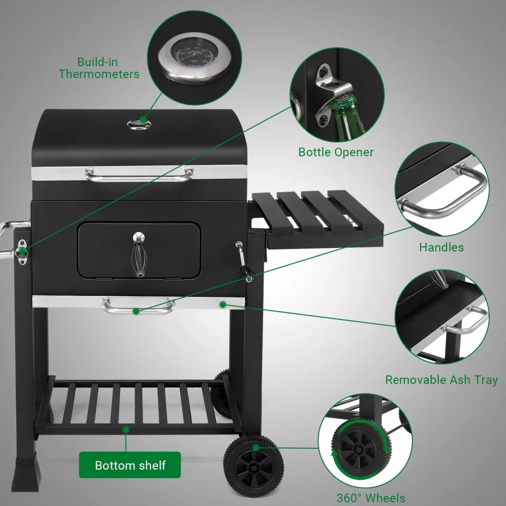 IVV Outdoor Charcoal Grill with Foldable Side Table, Moveable BBQ Grill w/Built-in Thermometer, Removeable Ash Rray Perfect for Picnics Patio Garden and Backyard Grilling, Black