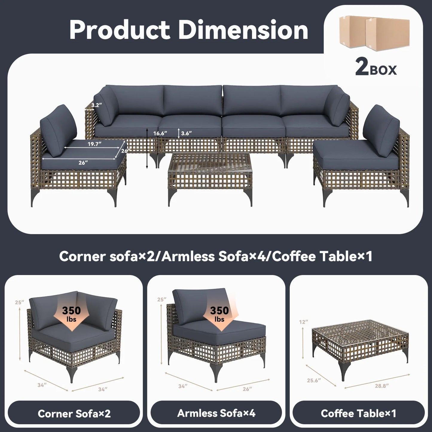 YODOLLA 7-Piece Patio Furniture Set with Tea Table, Rattan Wicker Outdoor Sectional Furniture Sofa Conversation Set, Dark Brown Rattan& Dark Grey Cushions