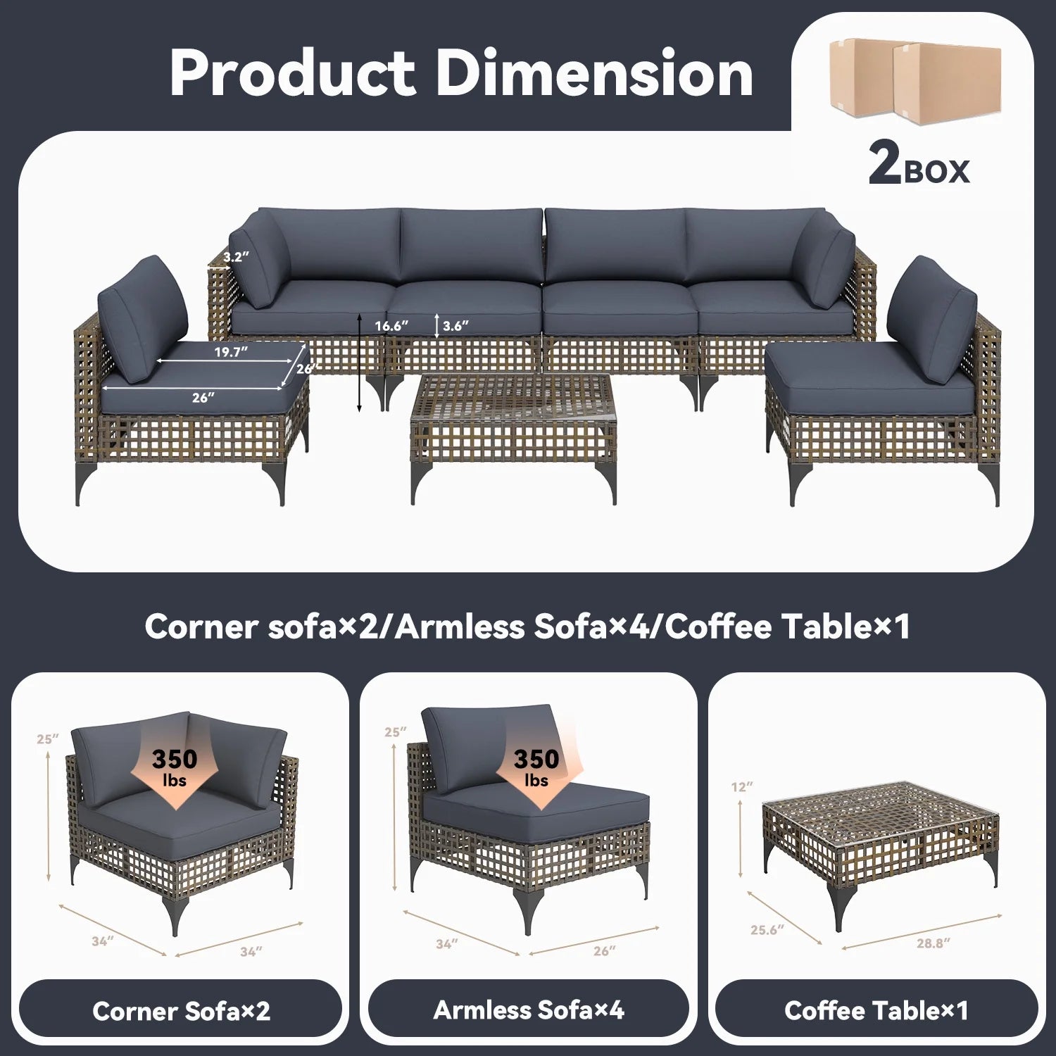 YODOLLA 7-Piece Patio Furniture Set with Tea Table, Rattan Wicker Outdoor Sectional Furniture Sofa Conversation Set, Dark Brown Rattan& Dark Grey Cushions
