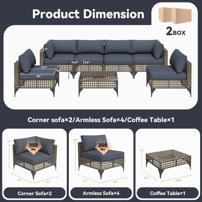 YODOLLA 7-Piece Patio Furniture Set with Tea Table, Rattan Wicker Outdoor Sectional Furniture Sofa Conversation Set, Dark Brown Rattan& Dark Grey Cushions