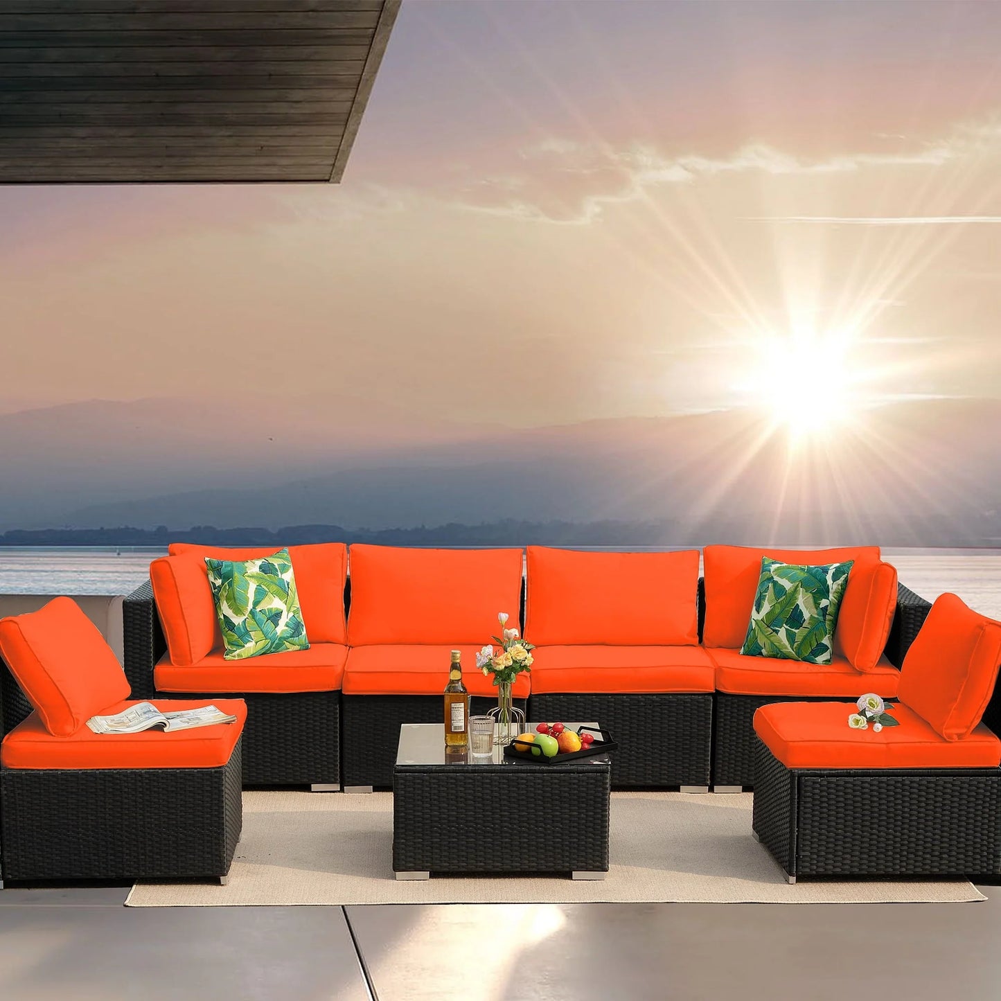 Olmia 7 Piece Patio Furniture sets PE Rattan Wicker Sectional Sofa Set, with Tea Table and Washable Couch Cushions, for Garden Poolside& Patio, Black+Orange