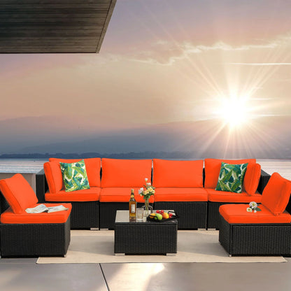 Olmia 7 Piece Patio Furniture sets PE Rattan Wicker Sectional Sofa Set, with Tea Table and Washable Couch Cushions, for Garden Poolside& Patio, Black+Orange