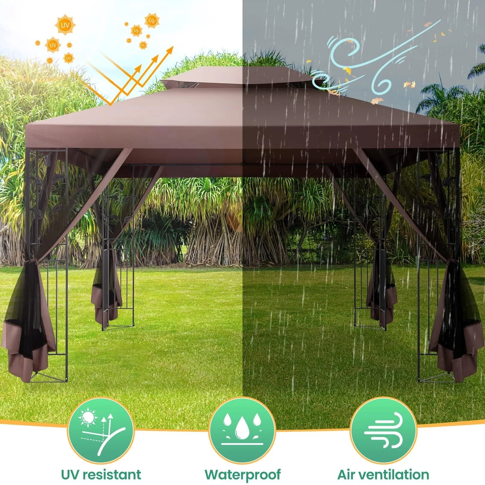COBIZI Pop-up Gazebo, 10' x 13' Outdoor Steel Double Roof Canopy, Metal Frame Pavilion with Mosquito Netting, Sunshade for Garden, Patio, Lawns, Brown