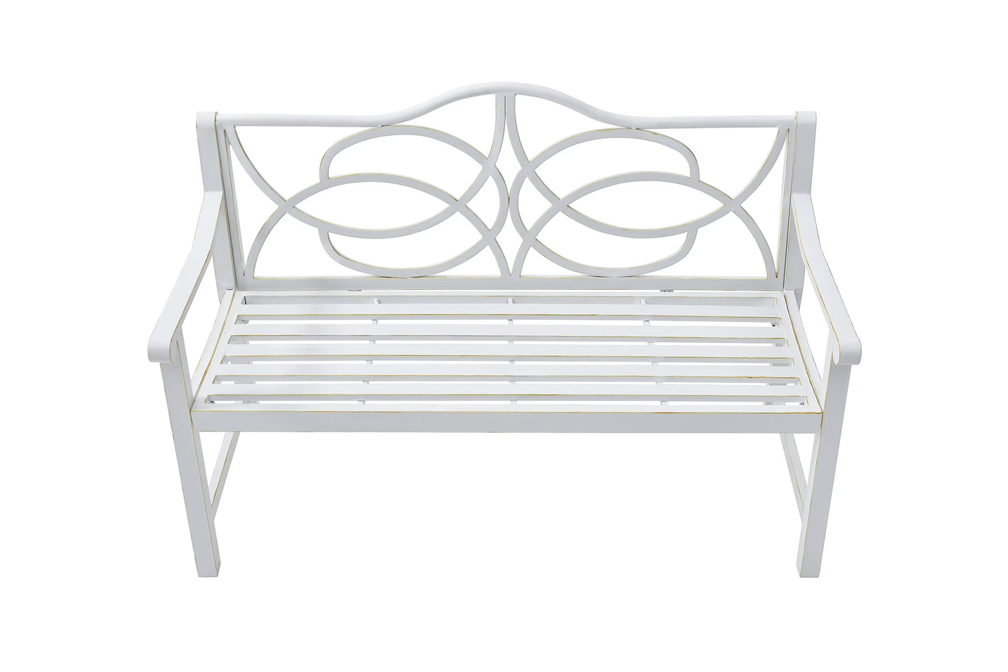 Royard Oaktree Outdoor Patio Bench, Garden Bench with Iron Metal Steel Frame, Backrest, and Armrests, Park Bench with Slatted Seat for 2-3 People for Lawn, Yard, Balcony, Porch, White