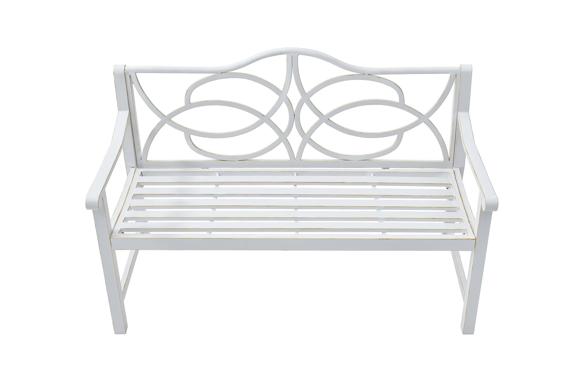 Royard Oaktree Outdoor Patio Bench, Garden Bench with Iron Metal Steel Frame, Backrest, and Armrests, Park Bench with Slatted Seat for 2-3 People for Lawn, Yard, Balcony, Porch, White