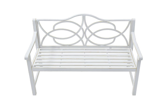 Royard Oaktree Outdoor Patio Bench, Garden Bench with Iron Metal Steel Frame, Backrest, and Armrests, Park Bench with Slatted Seat for 2-3 People for Lawn, Yard, Balcony, Porch, White