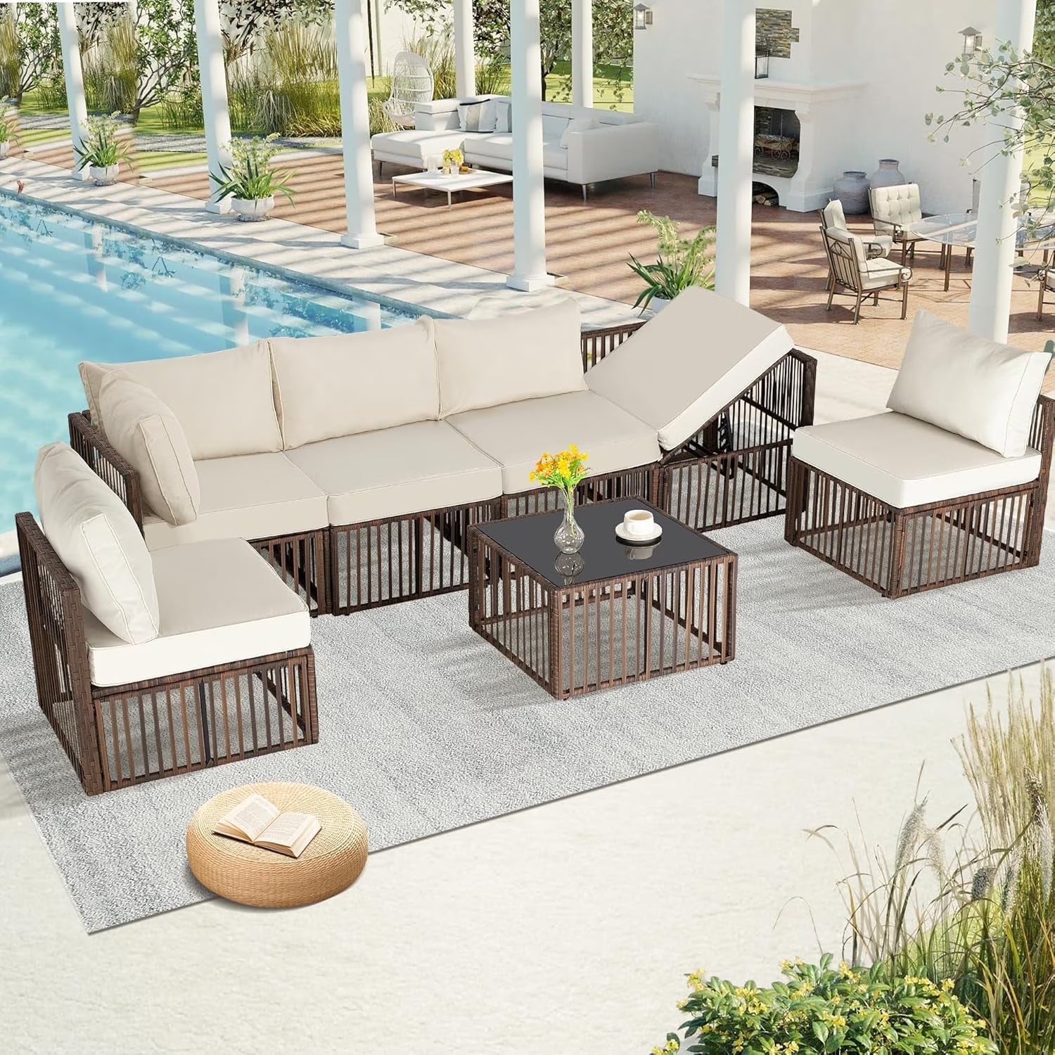 7 Pieces Outdoor Patio Furniture Set, Wicker Outdoor Sectional Conversation Couch Set with Adjustable Backrest Sofa, Cushions & Coffee Table for Outside,Garden,Deck,Gray Wicker/Gray Cushions
