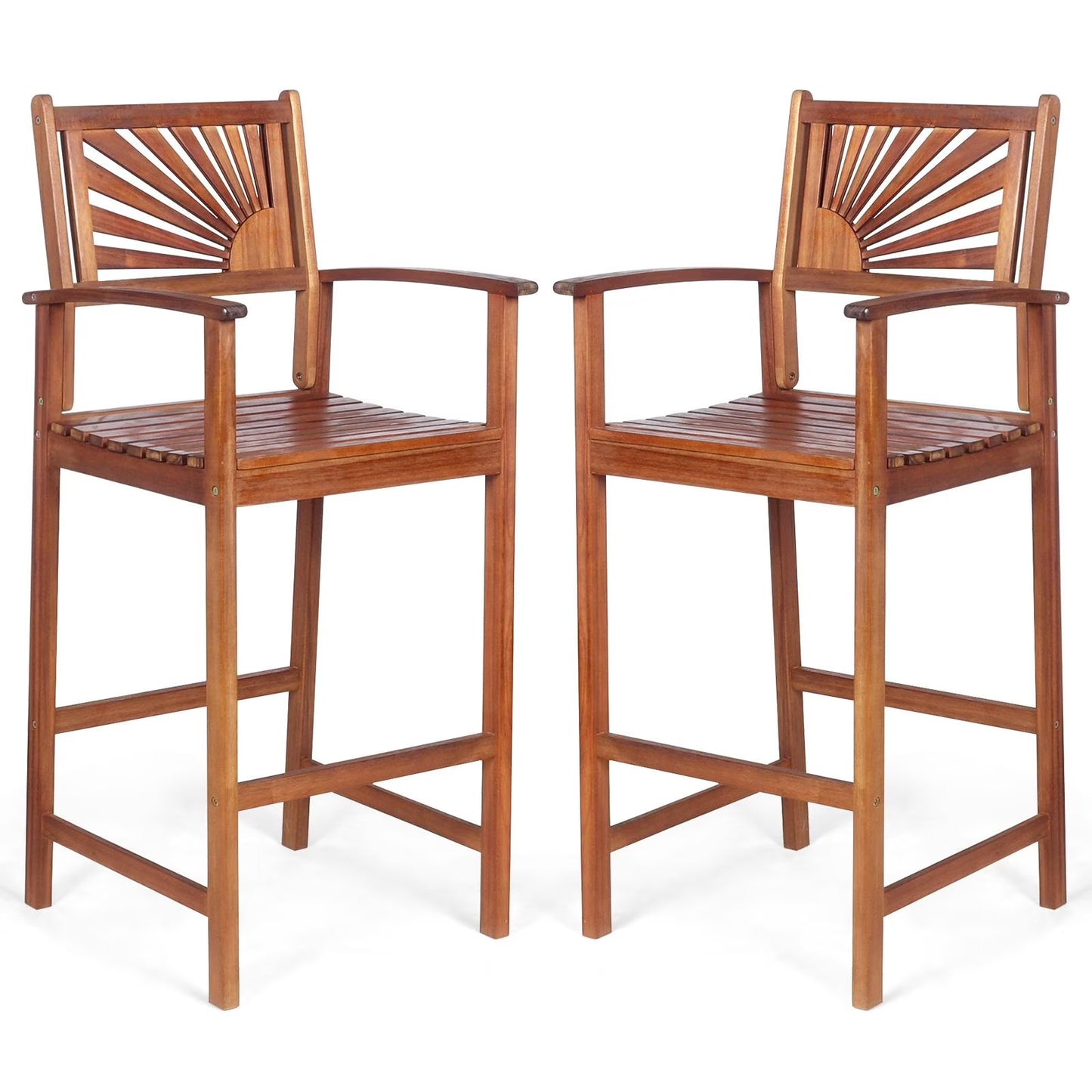 Giantex Patio Bar Stools Set of 4, Outdoor Acacia Wood Bar Chairs with Sunflower Backrest, Curved Armrests & Breathable Seat, Ideal for Balcony, Sunroom, Patio, Easy Assembly