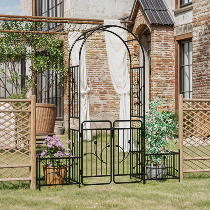Uforic 87" Metal Garden Arbor Arch with Gate and Planter Boxes, Garden Trellis for Climbing Plants, Patio Wedding Party Lawn Arches Decoration, Black