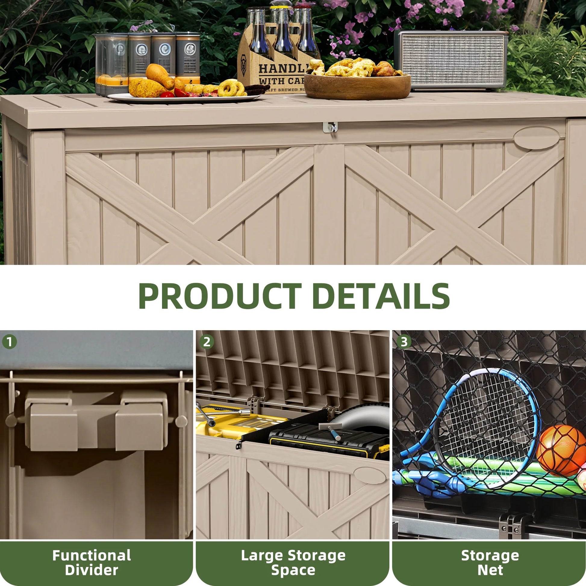 Uforic Outdoor 120 Gallon Large Resin Deck Box, Outdoor Storage Boxes with X-Shaped Front, for Patio Garden, Waterproof & Lockable, Light Brown