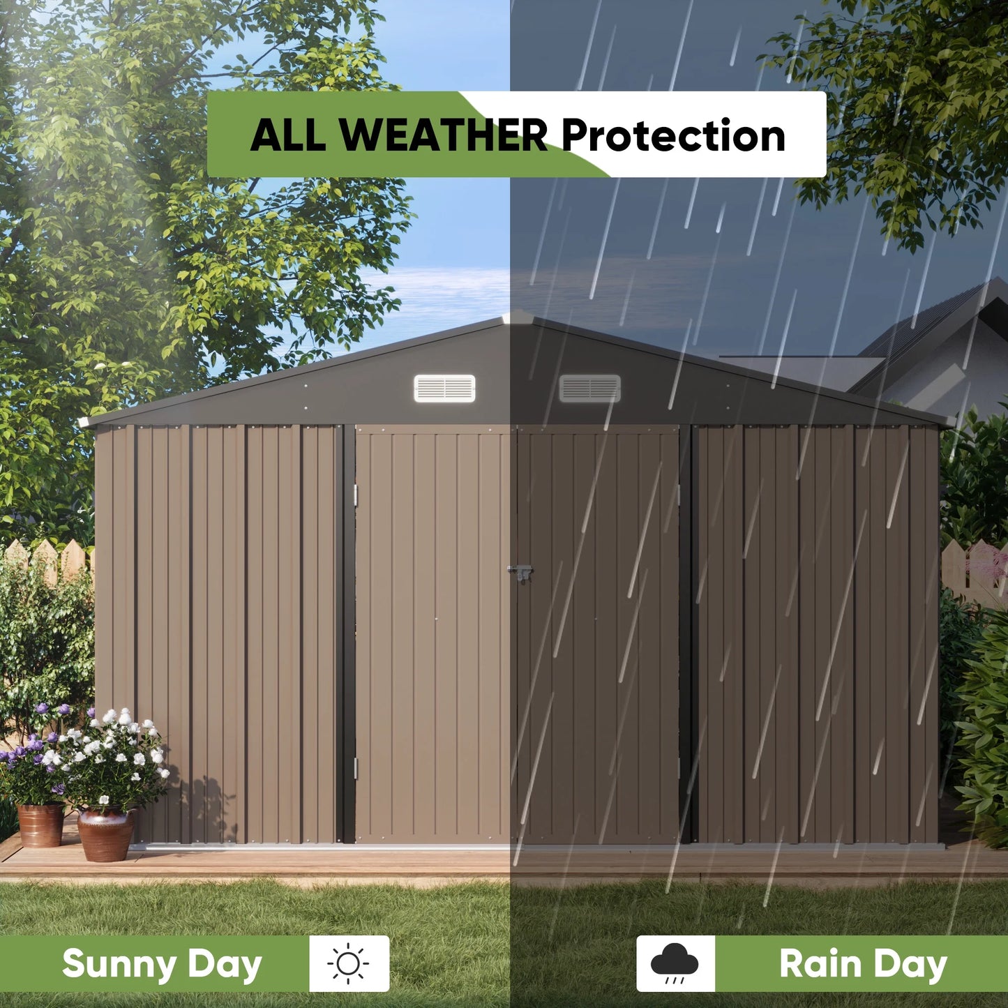 Patiowell 10 x 10 ft Outdoor Storage Metal Shed with Sloping Roof and Double Lockable Door, Brown