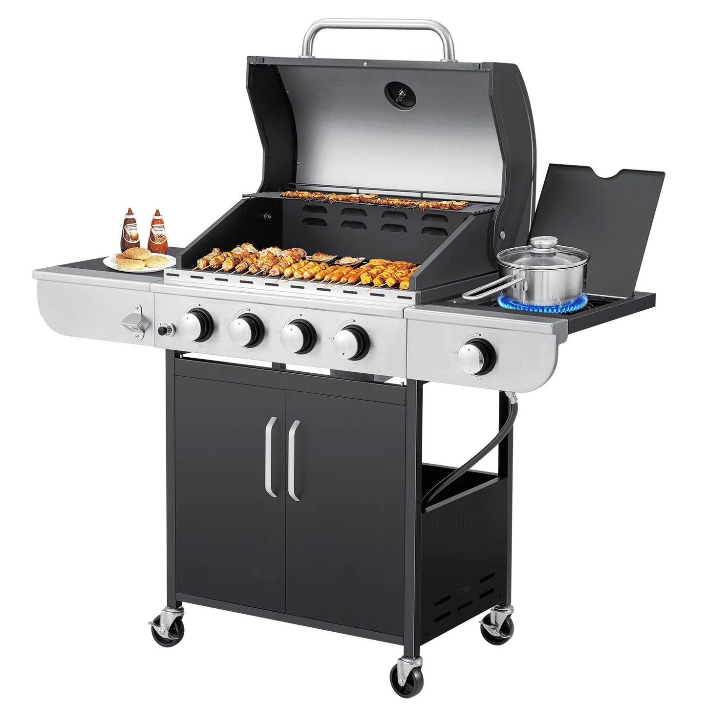 Mellcom 4 Burner Gas Grill,36000 BTU BBQ Propane Stainless Steel with Side Table for Patio Garden