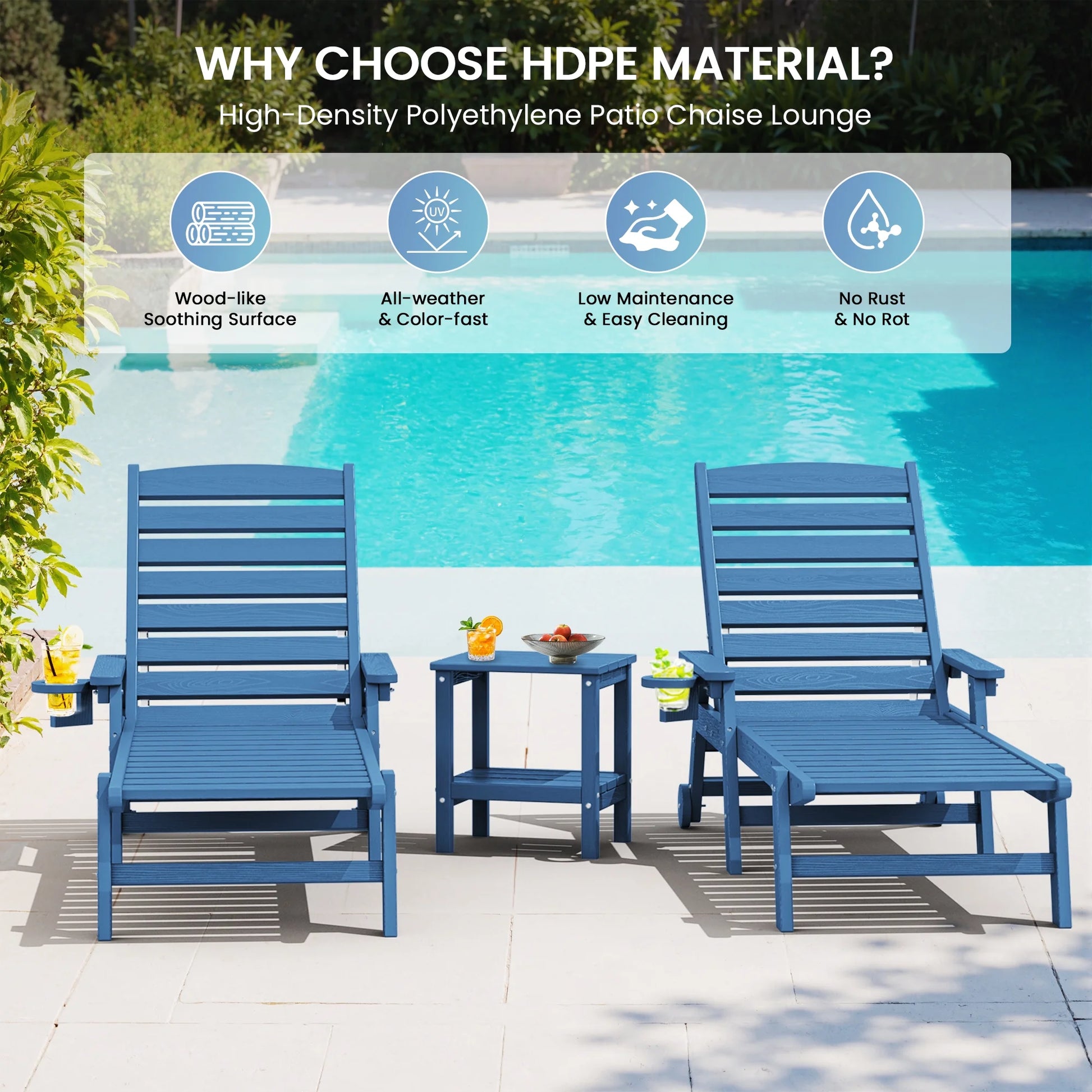 SERWALL Patio Chaise Lounge Chair, 78'' HDPE Outdoor Lounge Chair 5 Positions Pool Lounger Navy Blue