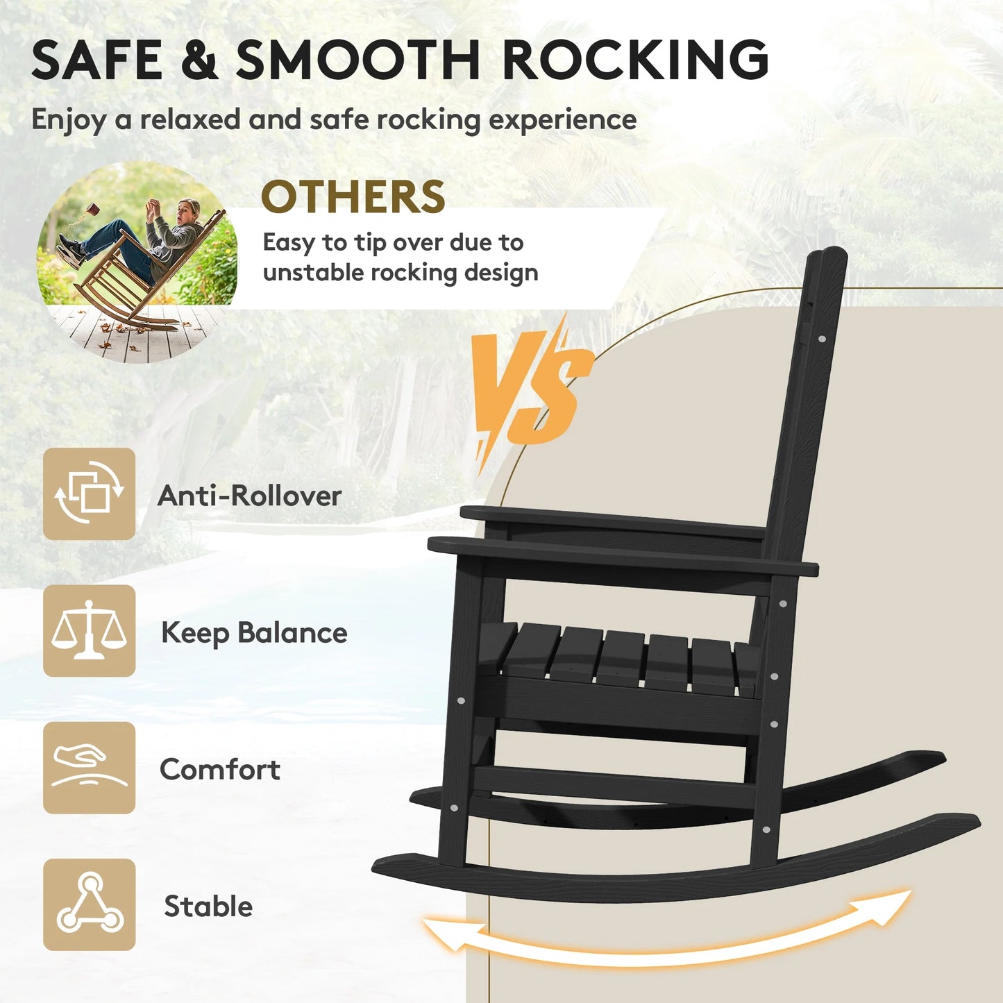 KINGYES HDPE Outdoor Rocking Chairs Set of 2,HDPE Patio Rocker for Porch,Black