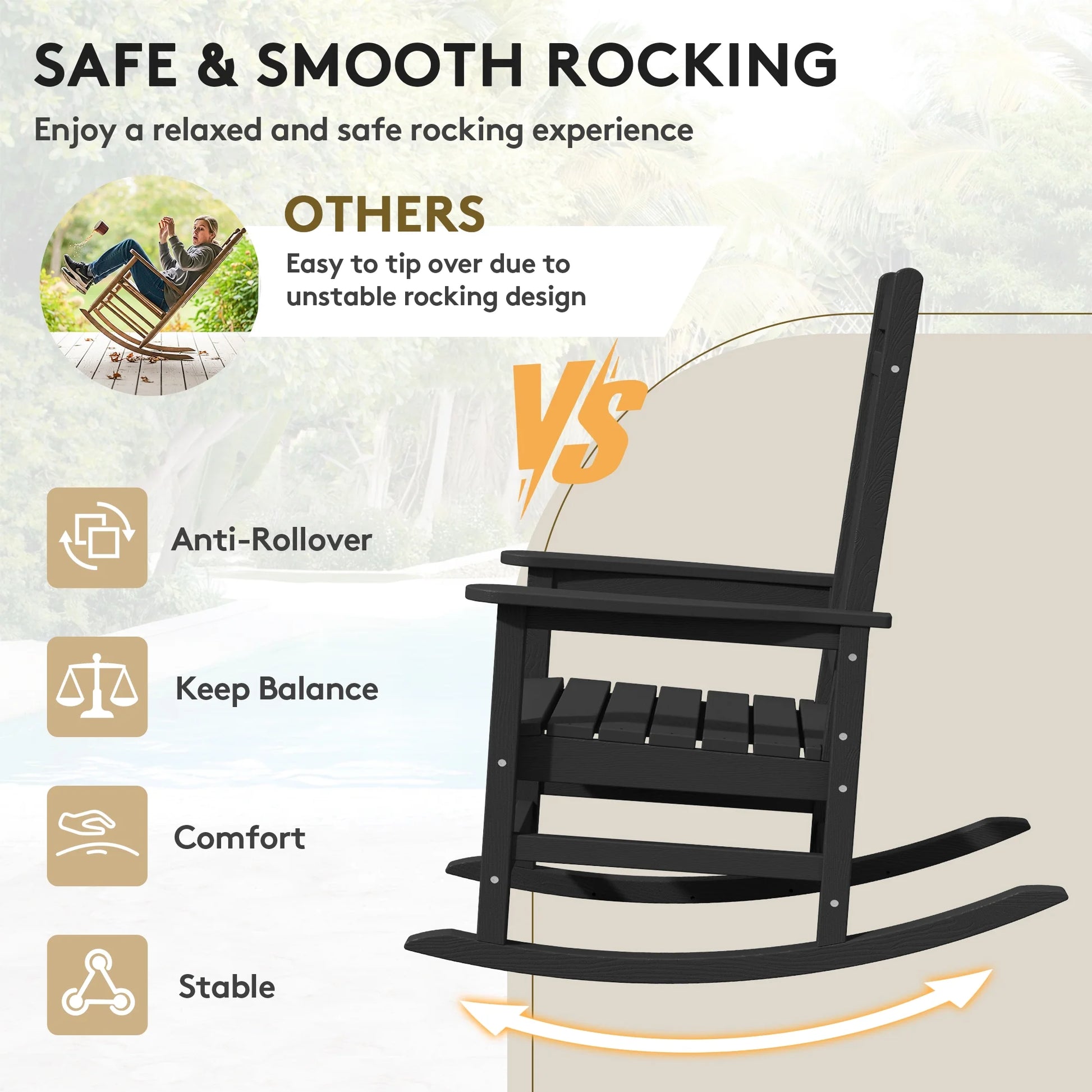 KINGYES HDPE Outdoor Rocking Chairs Set of 2,HDPE Patio Rocker for Porch,Black