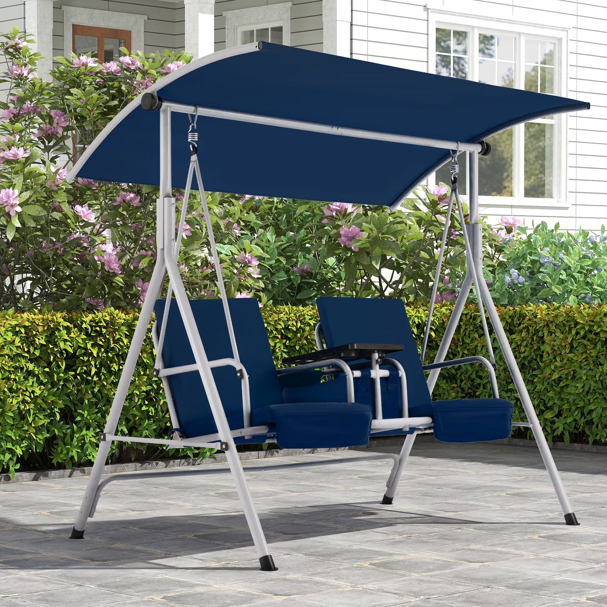 HOMREST Patio Swing with Adjustable CanopyHeavy Duty 650 LBS Outdoor Swing with Pivot Storage Table & 4 Cup Holders & Cushions for Yard, Lawn, Backyard, Navy Blue