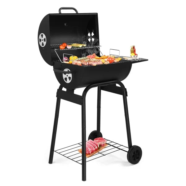 34" Barrel Charcoal Grill with Side Table & Wheels - High-Temp Powder Coated Outdoor BBQ for Backyard, Camping, Patio & Party Cooking