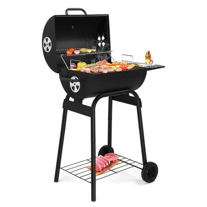 34" Barrel Charcoal Grill with Side Table & Wheels - High-Temp Powder Coated Outdoor BBQ for Backyard, Camping, Patio & Party Cooking
