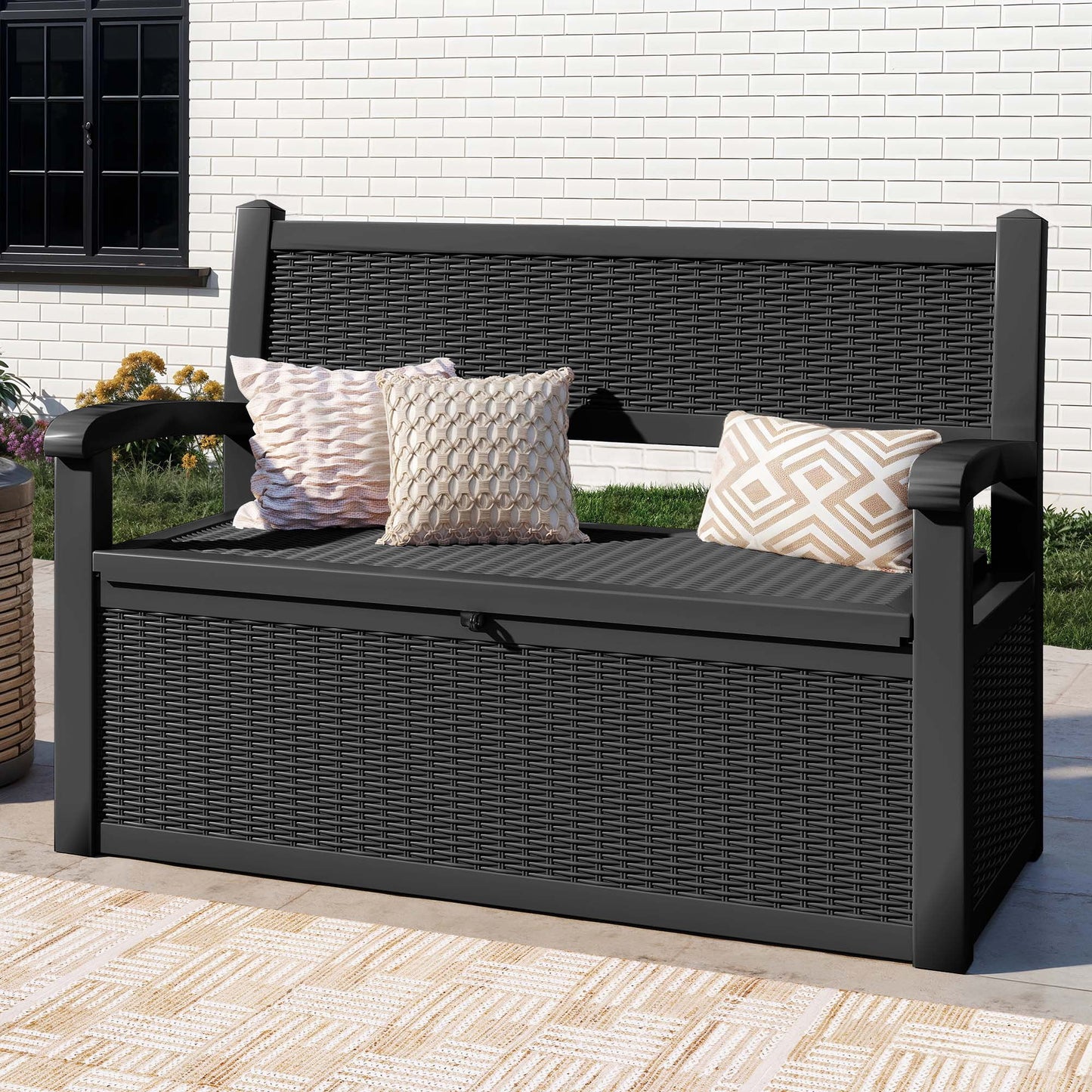 ModFusion 70-Gallon Outdoor Resin Storage Cabinet with Rattan Backrest - Waterproof Patio Bench Seat, 500 lbs Capacity, Black