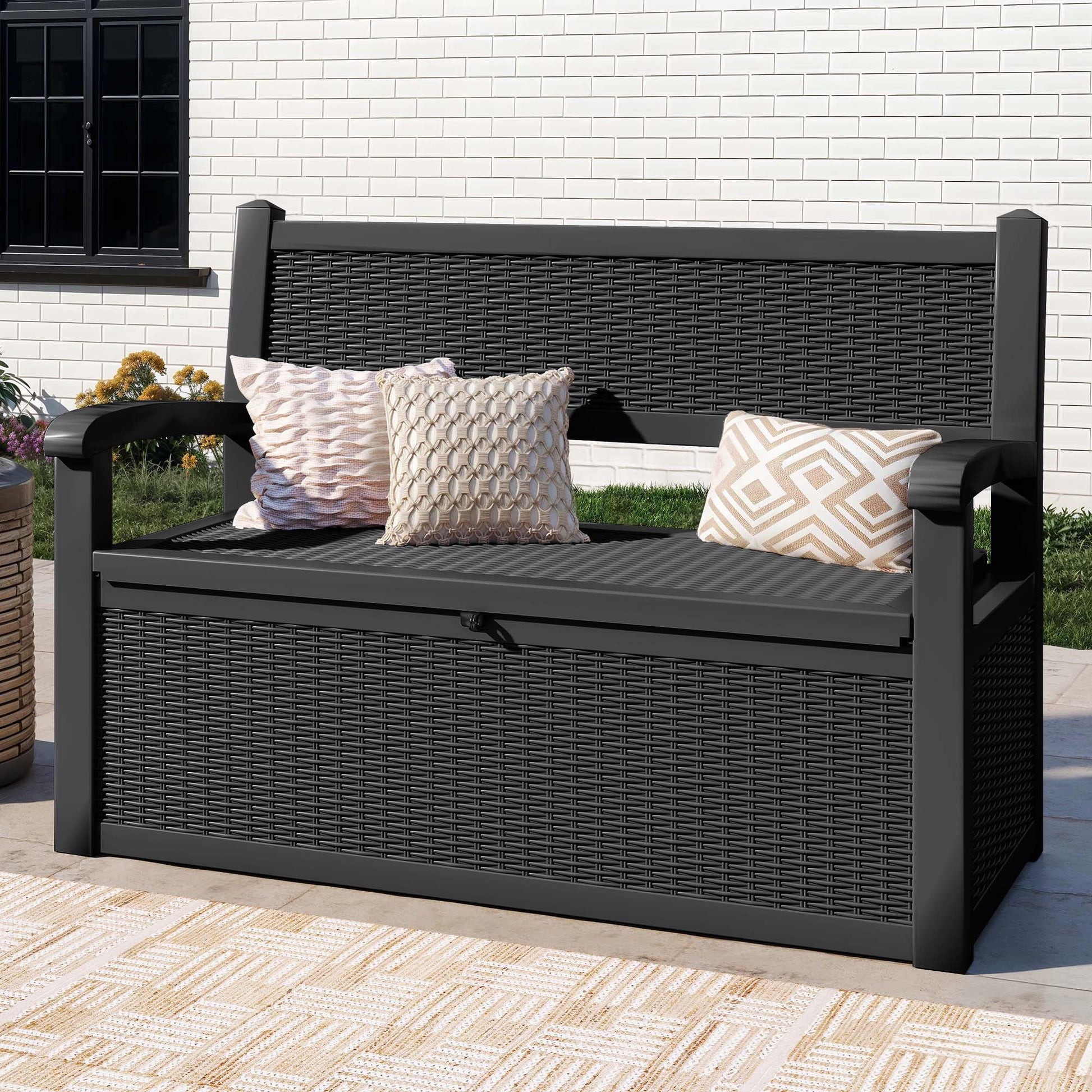ModFusion 70-Gallon Outdoor Resin Storage Cabinet with Rattan Backrest - Waterproof Patio Bench Seat, 500 lbs Capacity, Black