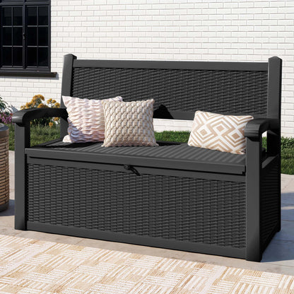 ModFusion 70-Gallon Outdoor Resin Storage Cabinet with Rattan Backrest - Waterproof Patio Bench Seat, 500 lbs Capacity, Black