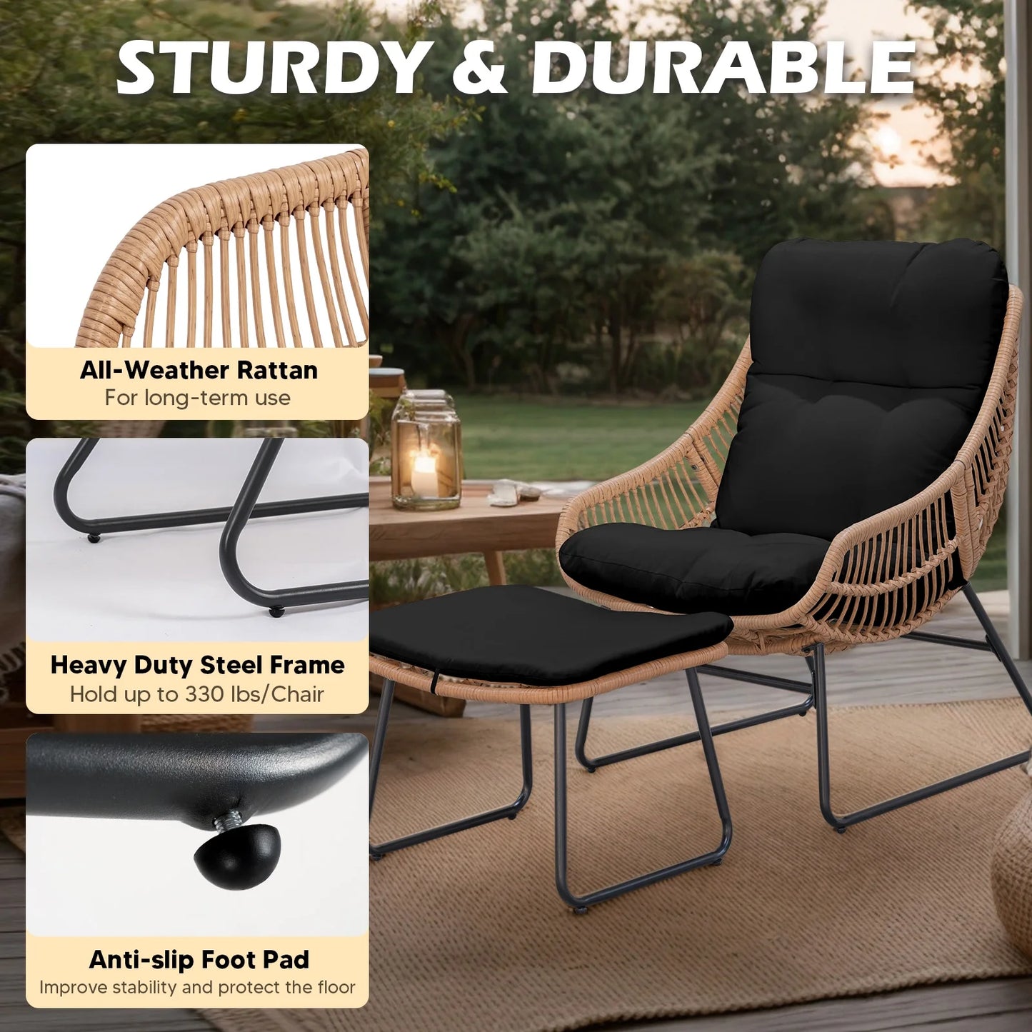 Tappio Wicker Papasan Egg Chair with Ottoman, Outdoor Patio Basket Lounge Chair Indoor Oversized Egg Lounger with Thick Cushion for Living Room Bedroom Balcony Porch, Black