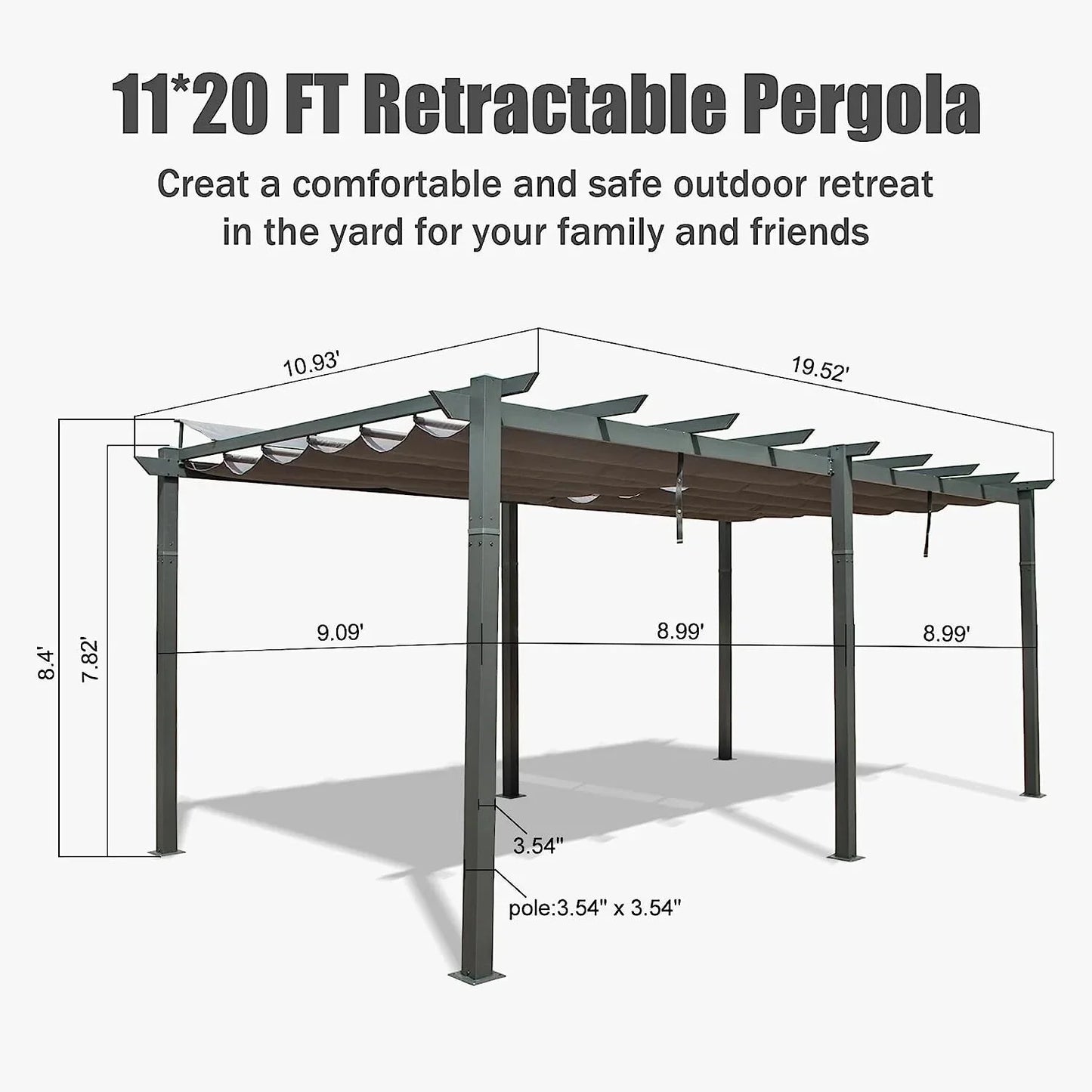 Domi Outdoor Living 11' X 20' Outdoor Pergola with Retractable Canopy Aluminum Shelter Sun Shade Beach Pavilion Grape Trellis Grill Gazebo for Patio, Backyard and Lawn, Gray