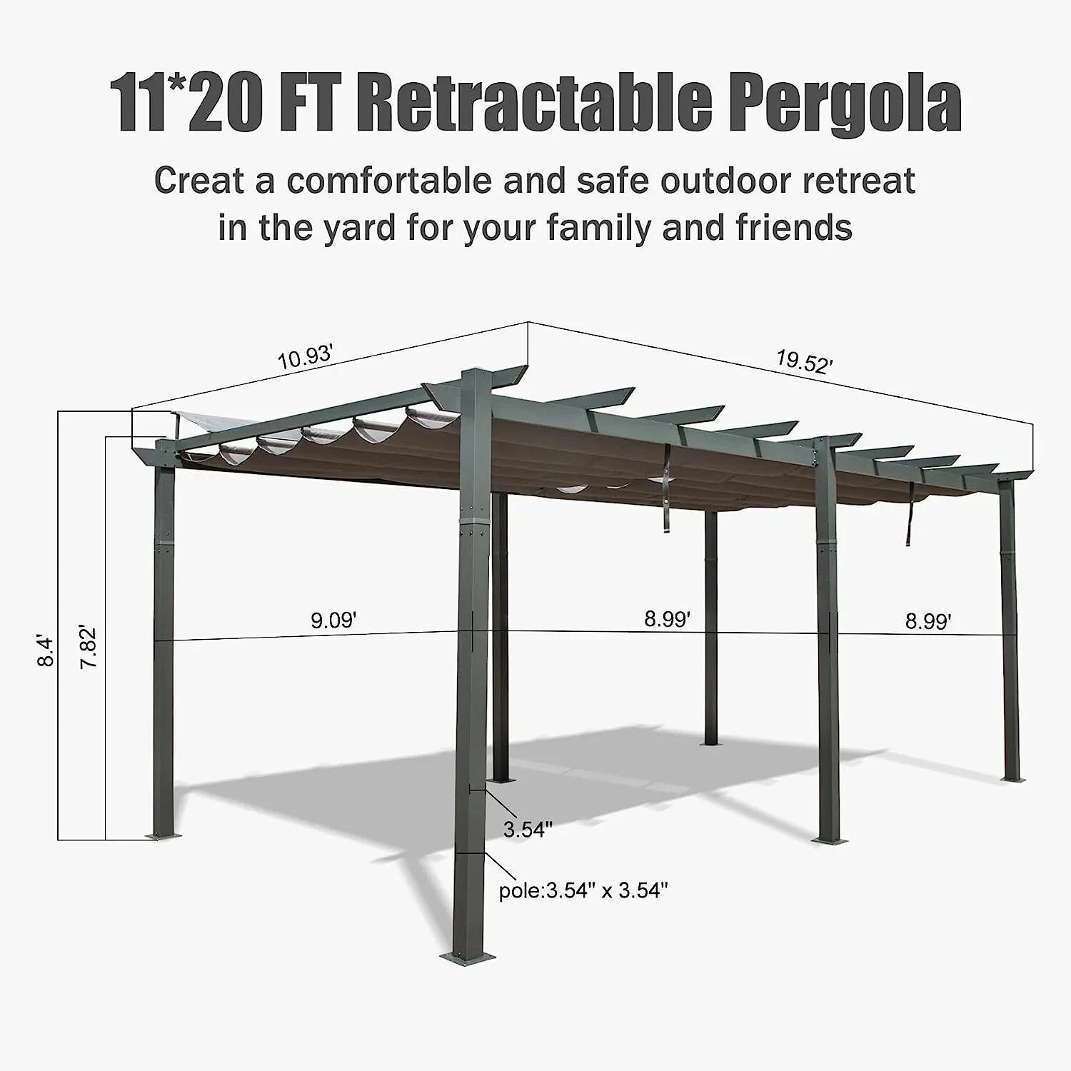 Domi Outdoor Living 11' X 20' Outdoor Pergola with Retractable Canopy Aluminum Shelter Sun Shade Beach Pavilion Grape Trellis Grill Gazebo for Patio, Backyard and Lawn, Gray