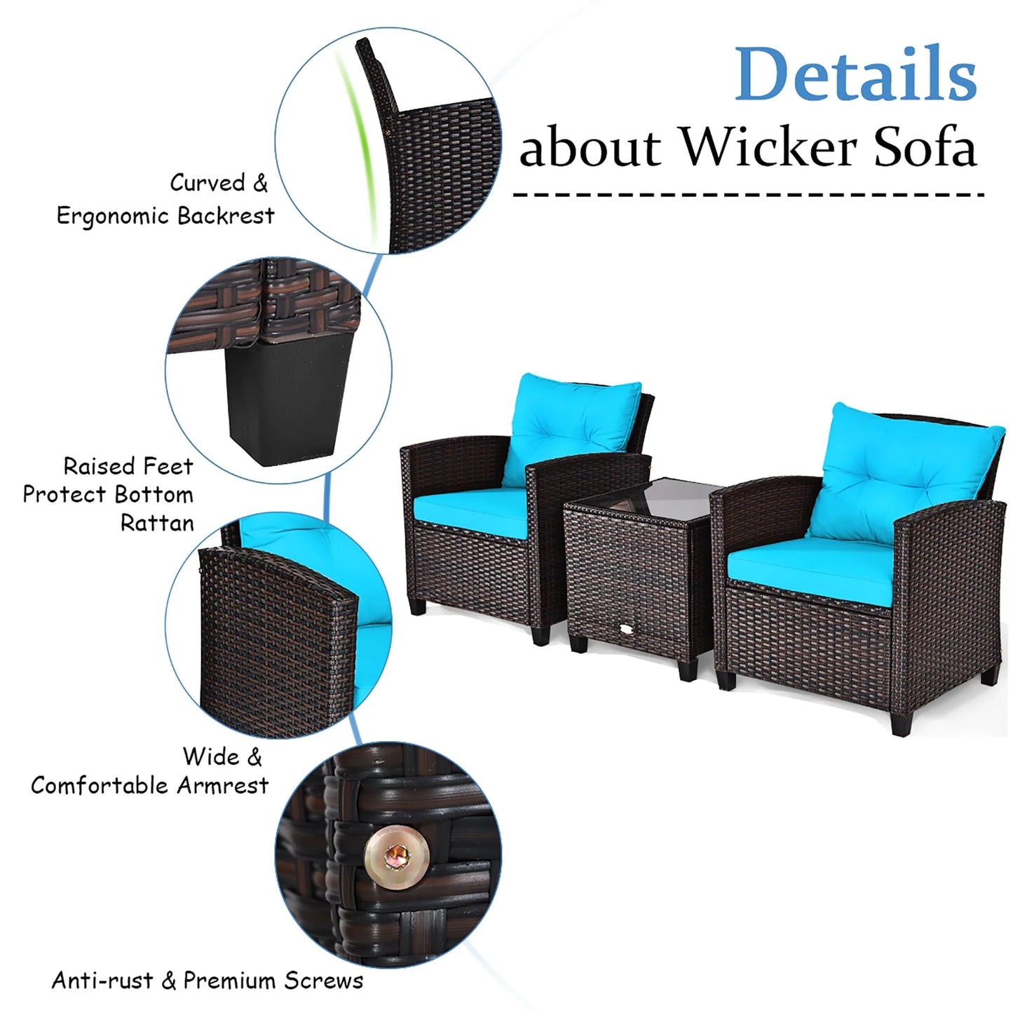 Costway 3PCS Patio Rattan Furniture Set Cushioned Conversation Set Sofa Turquoise