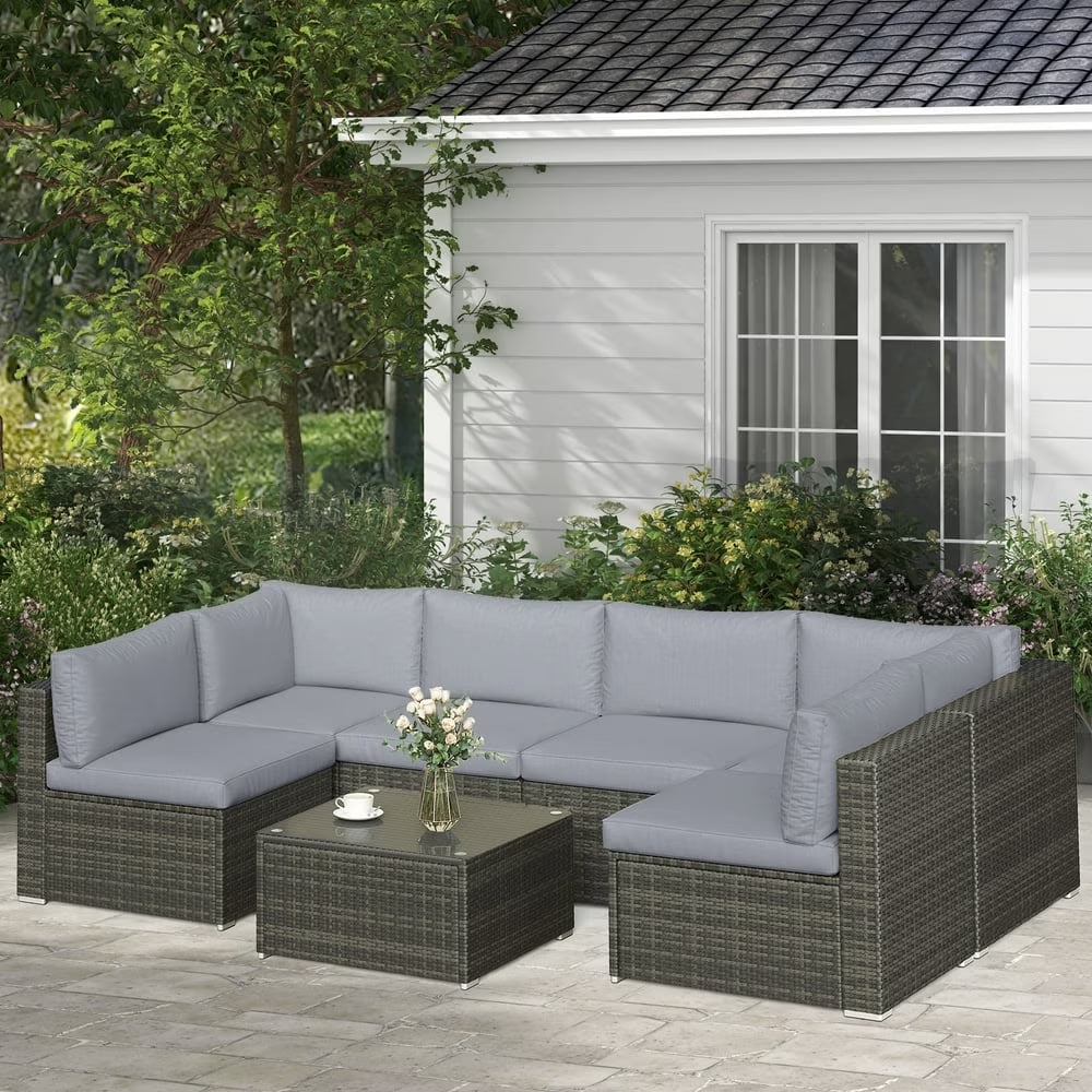 SUNVIVI 7 Pieces Patio Furniture Sets, All-Weather PE Grey Wicker Outdoor Rattan Sectional Sofa, Patio Sofa Couch with Table and Beige Cushions