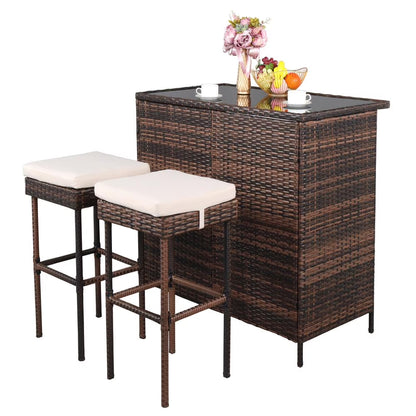 Ktaxon 3PCS Wicker Bar Set Patio Outdoor Table & 2 Stools Furniture Steel, Outdoor Bistro Set w/Wicker Bar Stools