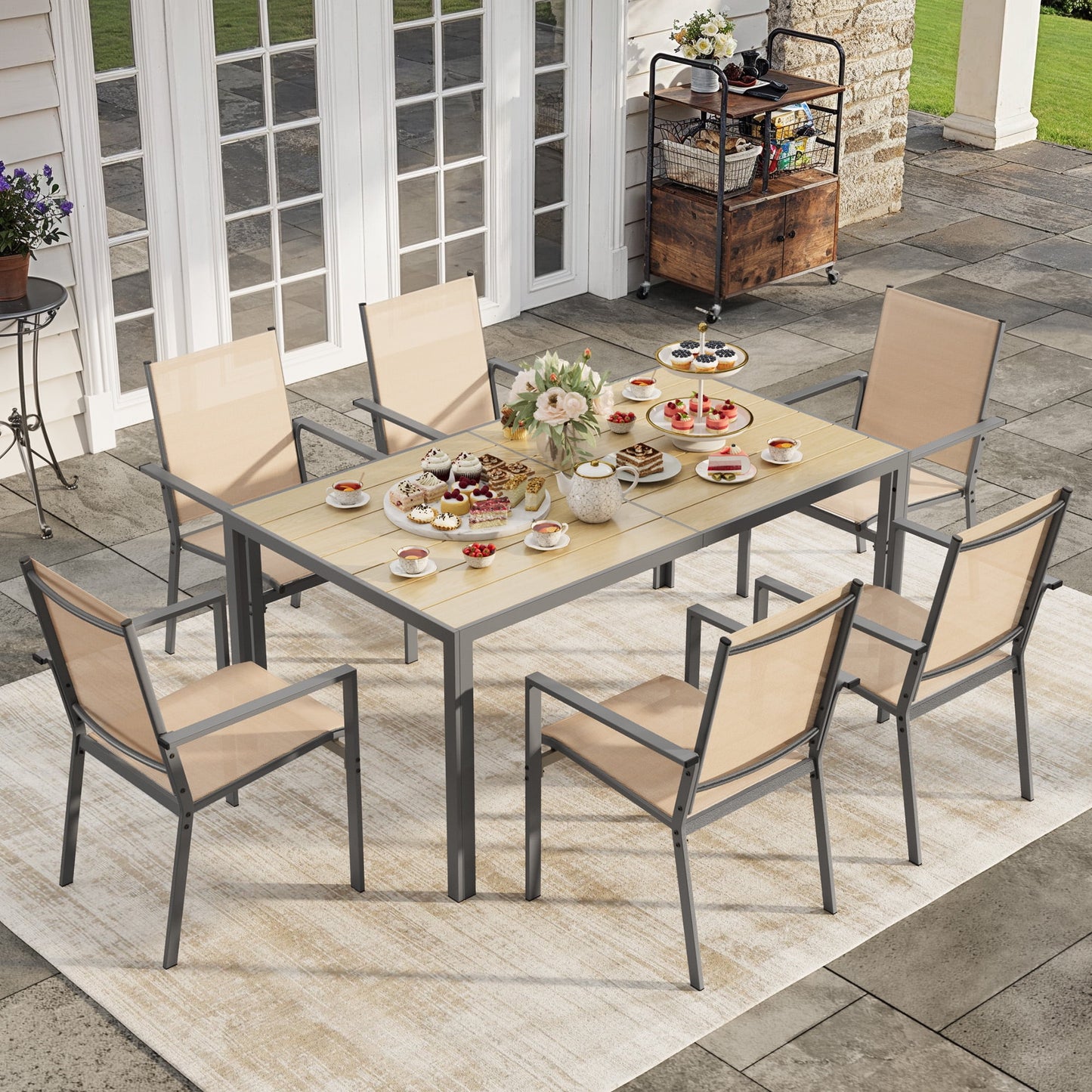 Outdoor Dining Set, Lofka 7 Piece Patio Dining Table Set for 6 Persons with Cool Textilene Armchairs for Backyard & Garden, Brown