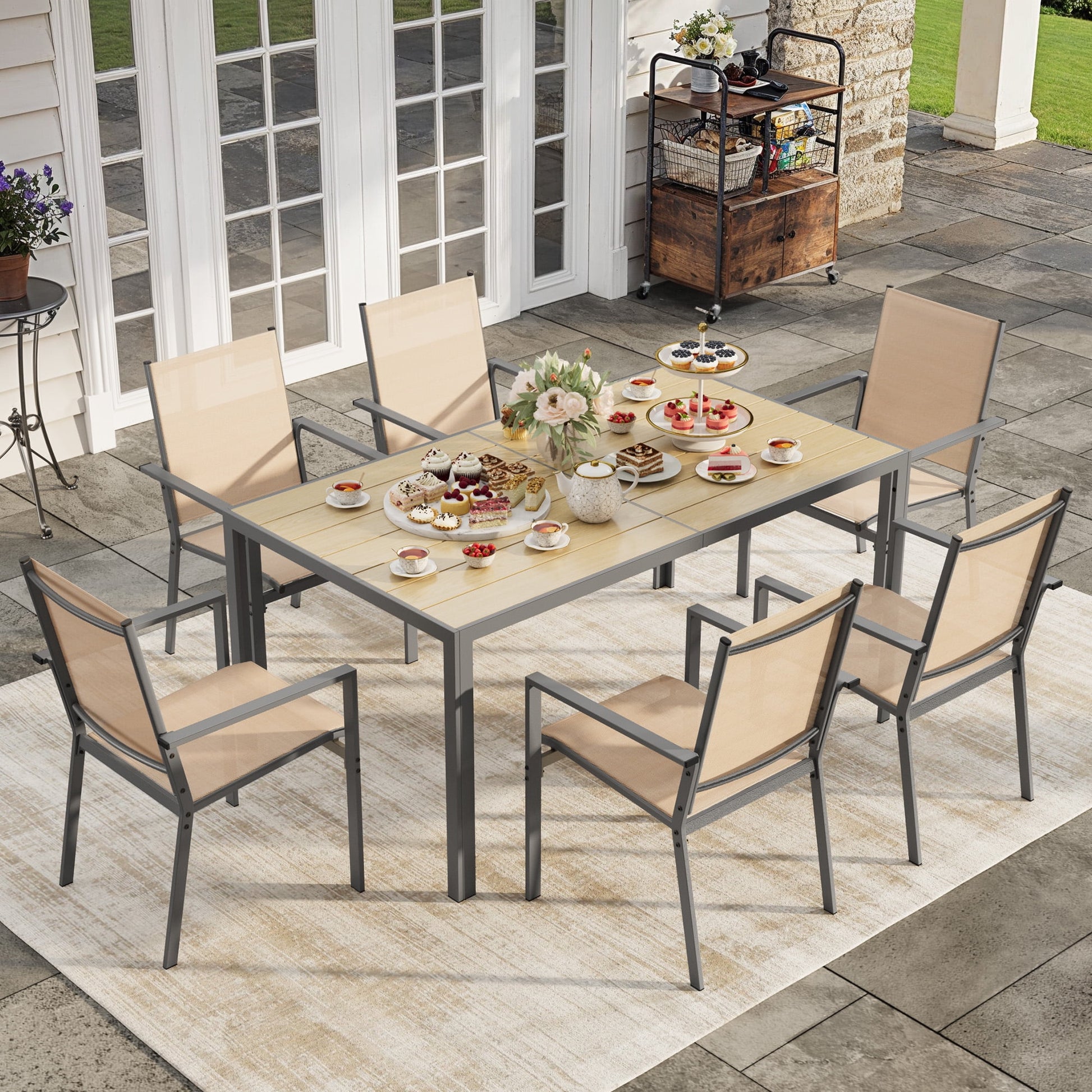 Outdoor Dining Set, Lofka 7 Piece Patio Dining Table Set for 6 Persons with Cool Textilene Armchairs for Backyard & Garden, Brown