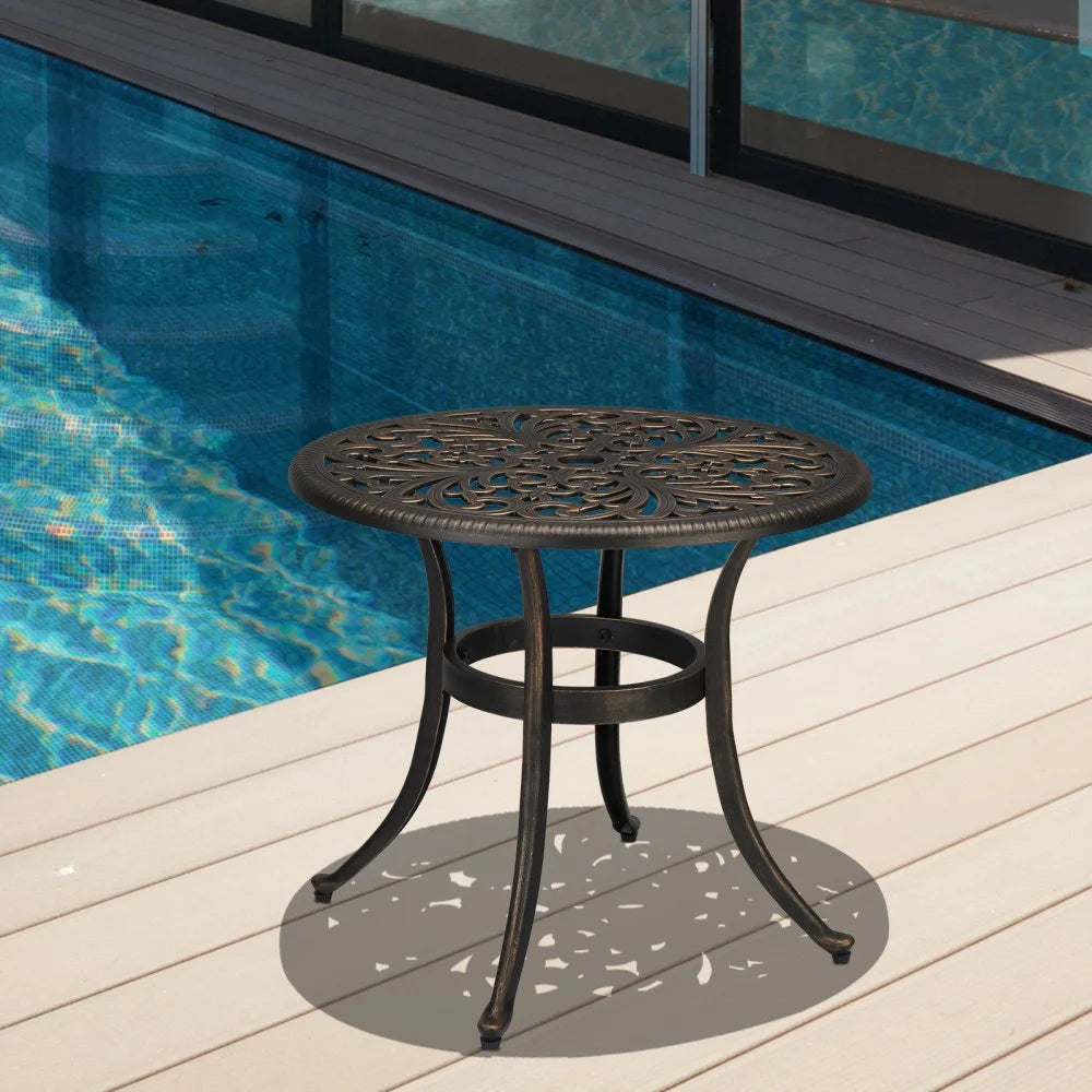 IVV 23.6" Cast Aluminum Round Side Table, All-Weather Accent Patio Coffee Table with 2" Umbrella Hole for Outdoor Bistro Porch Garden Lawn (Bronze)