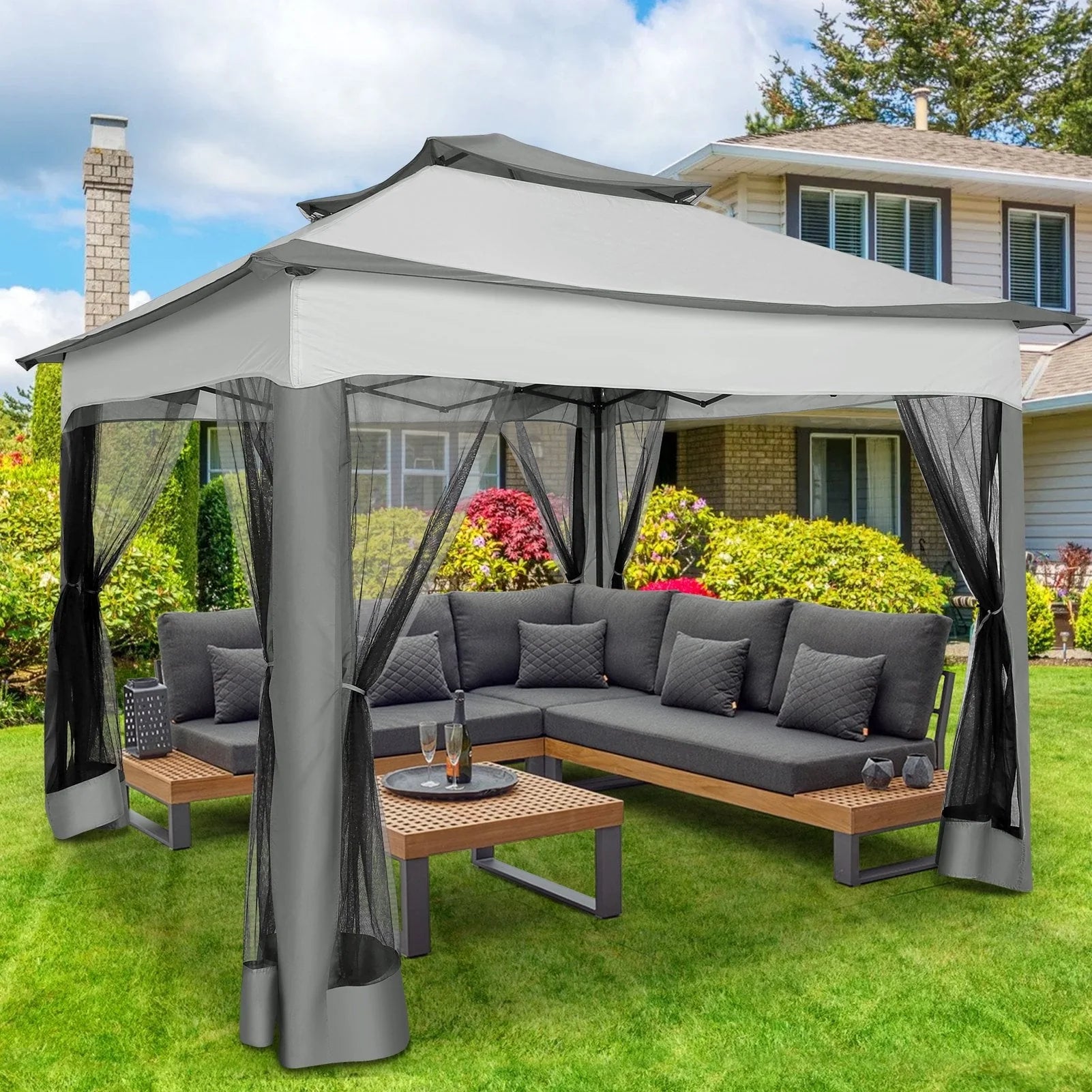 SANOPY 11 x 11 ft Outdoor Patio Gazebo with Ventilated Double Roof and Mosquito Net, Pop up Steel Gazebo Tent for Patios, Backyard, Garden and Beach