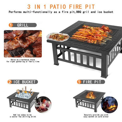 Fire Pits for Outside, DFITO 32" Wood Burning Fire Pit Tables with Screen Lid, Poker, Outdoor Fire Pit Patio Set, Patio Garden Stove Fire Pit/Ice Pit/BBQ Fire Pit, Black, GJ131