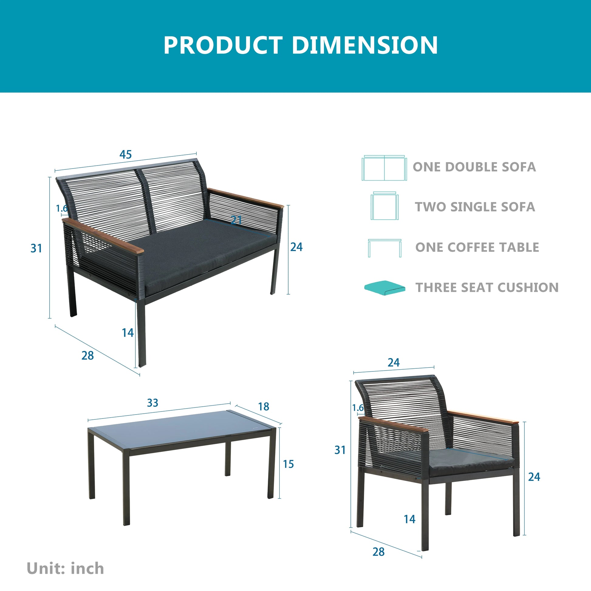 SUNTONE Patio Furniture Sofa Set - 4 Piece All Weather Wicker Outdoor Conversation Set, Rattan Chairs and Table, Black